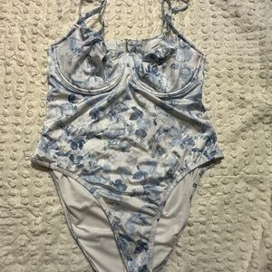 Victoria's Secret Blue and White Floral One Piece Swimsuit with Wrap Coverup
